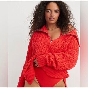 Aerie Small Red Cotton Chunky Cable Knit Quarter Zip Oversized Sweater Boho NWOT